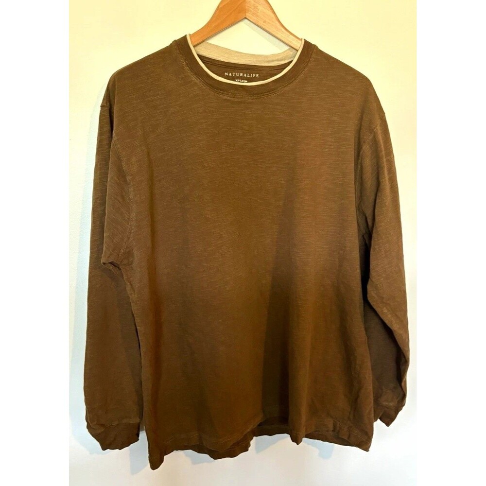 Naturalife Men's XXL Brown Solid Crew Neck Long Sleeve Cotton Knit T-Shirt